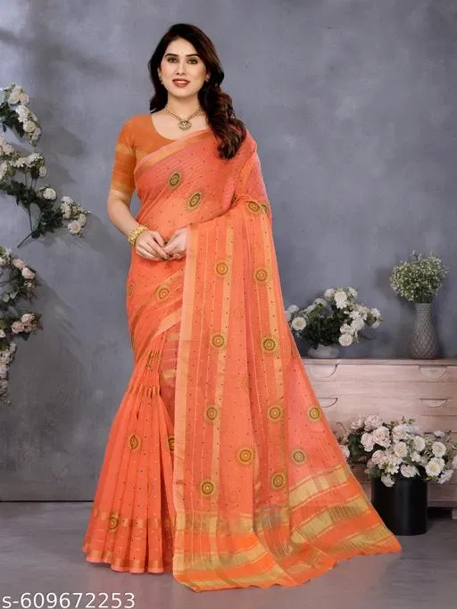 Kota Doria Cotton Bandhani Printed Saree for Women (Orange, Colour)