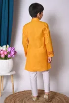 Cotton Printed Kurta with Payjama for Boys, Yellow & White 