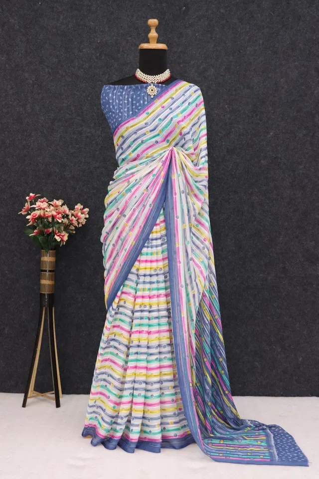 Georgette Printed Saree for Women (Blue, 6.3 m)