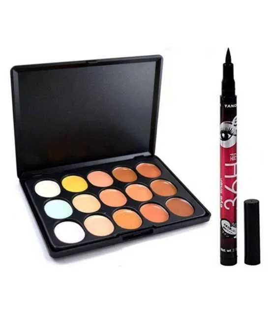 Lenon Makeup Accessory Generic 15 Colour Contour Cream Concealer + 36 Hrs Eyeliner Multicolor (20 g) (Pack of 2) (D277)