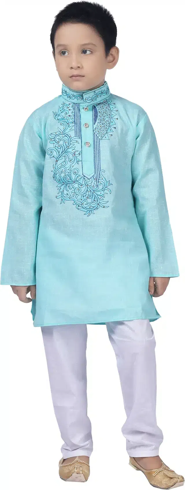 Cotton Embroidery Kurta & Pajama Set for Boys (Sea Green & White, 9-10 Years)
