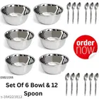 Stainless Steel 6 Pcs Bowls with 12 Pcs Spoon 
