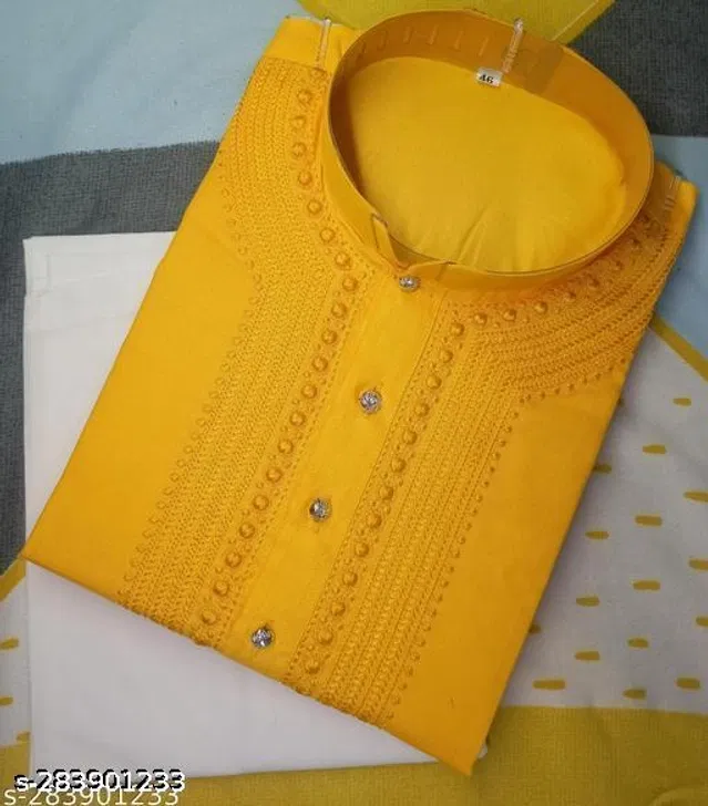Cotton Embroidered Kurta with Pyjama for Men (Yellow & White, M)