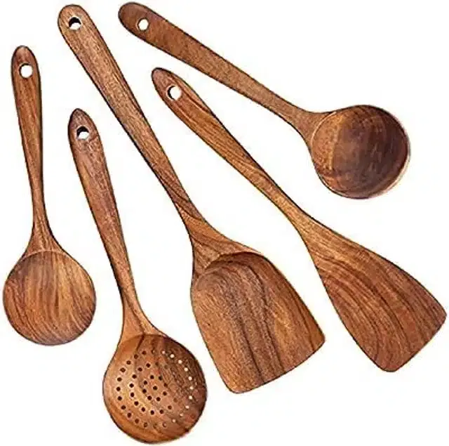 Wooden Cooking & Serving Spoons (Brown, Set of 5)