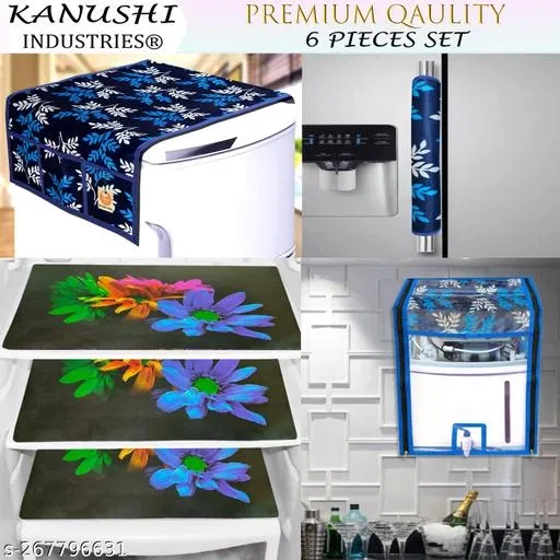 KANUSHI Industries® 1 water purifier cover + 1 Pc Fridge cover/Refrigerator cover + 1 Pc Handle Cover + PVC Fridge Mats Set Of 3 / Refrigerator Mats (RO+FRI+1-HANDLE-BLUE-SMALL-LEVS+M-24)