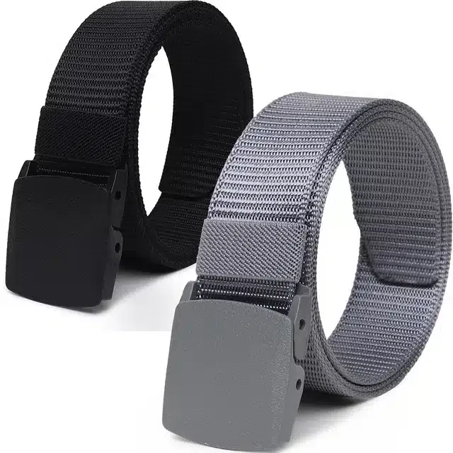 Casual Nylon Belts for Men (Black & Grey, Pack of 2)