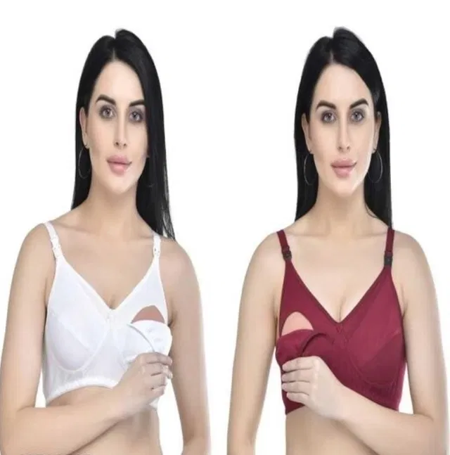 Cotton Blend Solid Non Padded Feeding Bras for Women (Multicolor, 36) (Pack of 2)