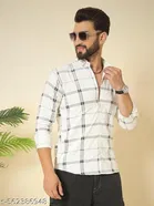 Cotton Blend Checked Shirts for Men, White 