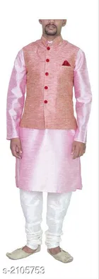 Banarasi Dupion Silk Solid Kurta with Pyjama & Jacket for Men 