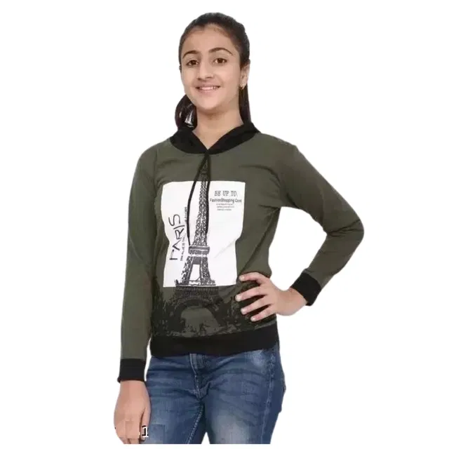 Cotton Blend Printed Hoodie for Girls (Olive, 4-5 Years)