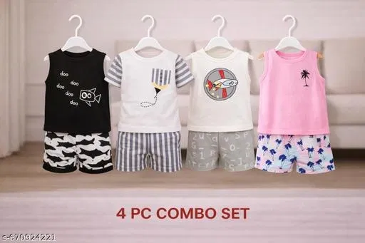 Hosiery Cotton Printed Clothing Set for Kids, Multicolor, Pack of 4 (7-8 Years)