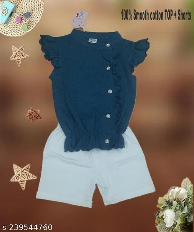 Cotton Clothing Set for Girls (Navy Blue & White, 3-4 Years)