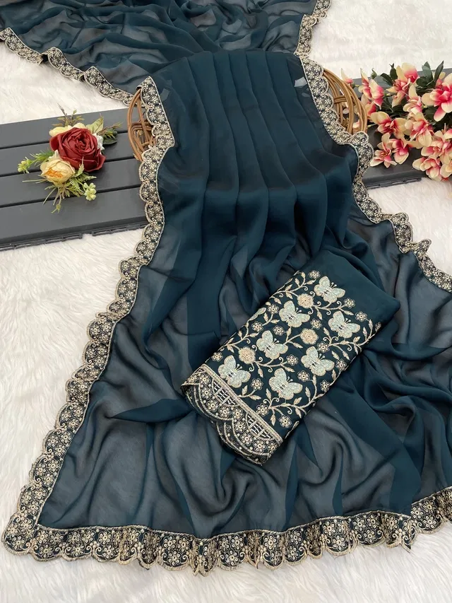 Chiffon Woven Design Saree for Women (Navy Blue, 6.3 m)