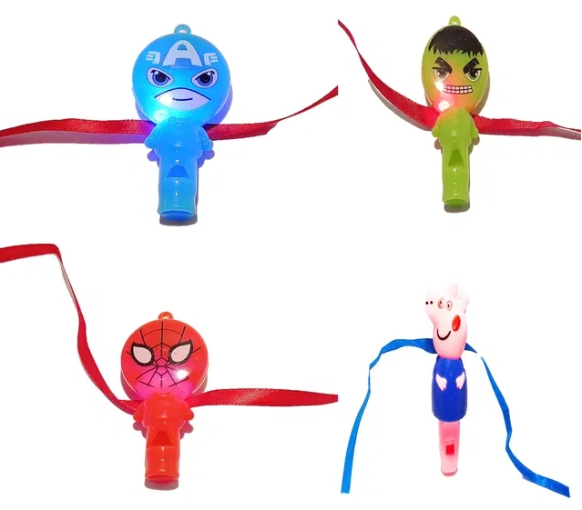 Rakhi for Kids Pepa Pig ,Avenger, Hulk and Spider Man Kids LED Light and whistle Rakhi, Pack of 4