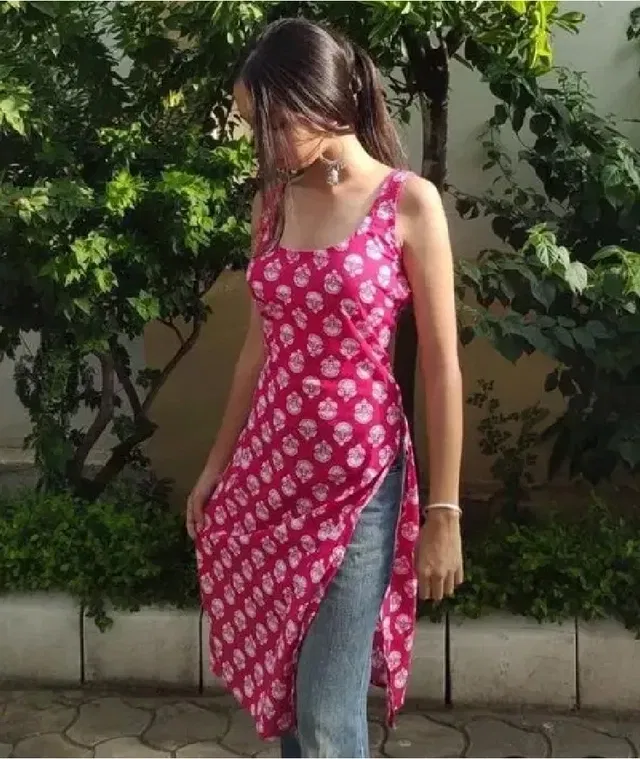 Rayon Block Print Kurti for Women (Pink, XL)