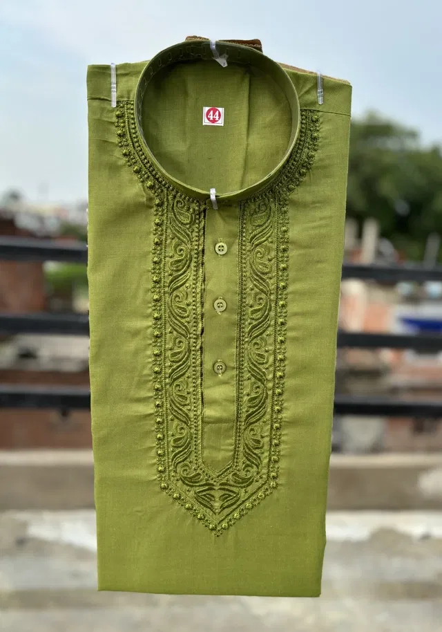 Cotton Embroidered Kurta for Men (Green, XXL)