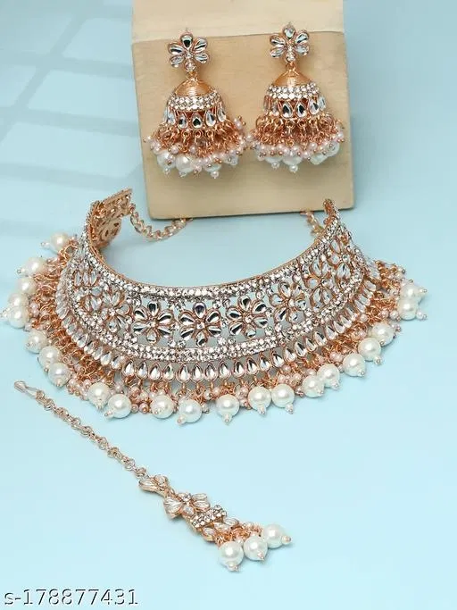 Rose Gold Bridal Chocker with Pearl Jumkha Jewellery Set for Women (White, Free Size)