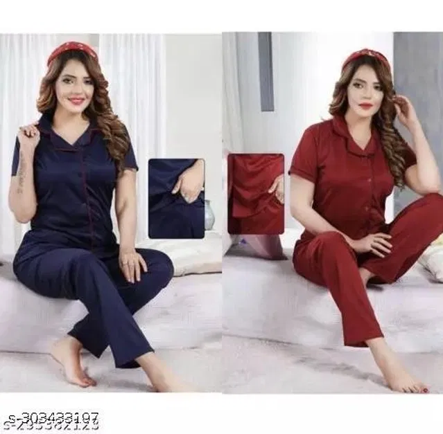 Satin Nightsuit for Women (Navy Blue & Maroon, L) (Pack of 2)