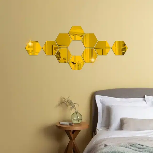 Acrylic Hexagon Shaped Wall Mirror Stickers (Gold, Pack of 10)