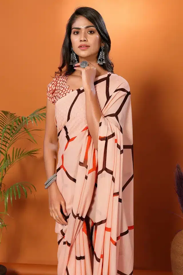 Georgette Printed Saree for Women (Peach, 6 m)