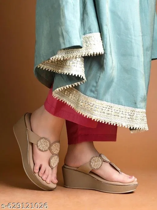 Embellished Heel Sandals for Women (Golden, IND-5)