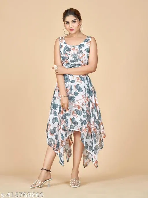 Floral Printed Georgette Maxi Kurti for Women (Multicolor, XL)