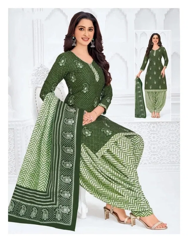 Crepe Floral Punjabi Suits for Women (Green, Green)