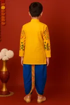 Dupion Silk Printed Kurta with Dhoti for Boys, Yellow & Blue 