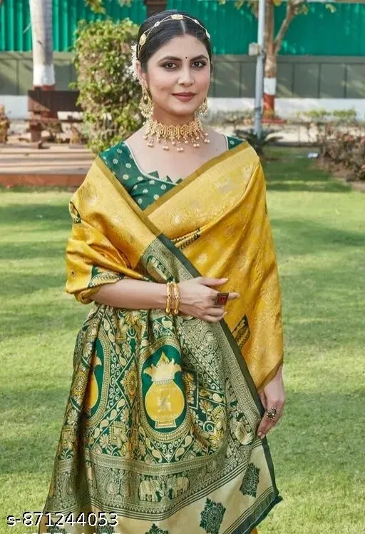 Zari Woven Banarasi Saree for Women (Yellow, Free Size)