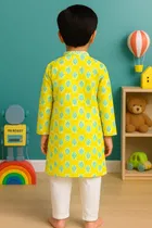 Cotton Blend Printed Kurta with Payjama for Boys, Yellow 