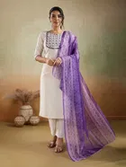 Rayon Printed Kurta with Pant & Dupatta for Women (Purple & White, S)