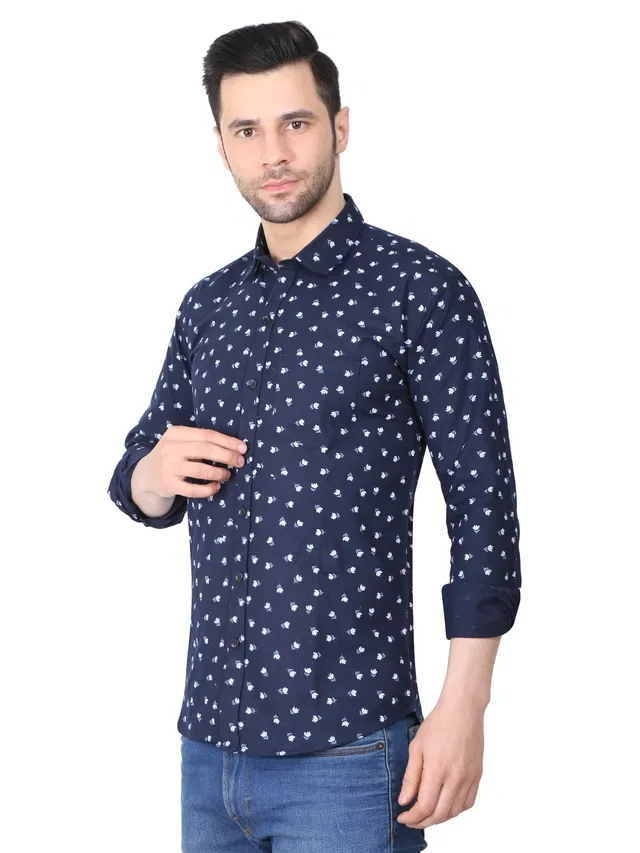 Full Sleeves Printed Shirt for Men (Blue, L)