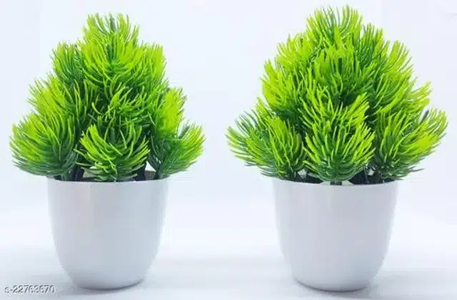 Artificial Plants with Pot (Green & White, Pack of 2)