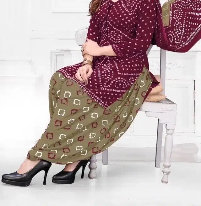 Synthetic Printed Unstitched Dress Material for Women & Girls (Wine & Beige)