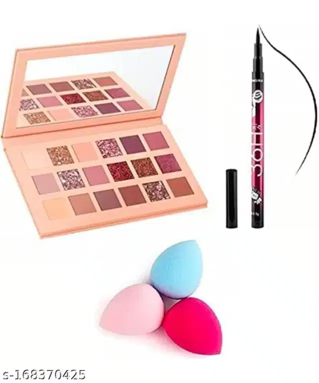 Premium Eyeshadow Palette with 36H Eyeliner & 3 Pcs Makeup Blenders (Multicolor, Set of 3)