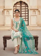 Cotton Silk Embellished Unstitched Suits Fabric for Women, White & Sky Blue