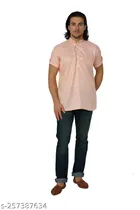 Cotton Blend Printed Short Kurta for Men (Peach, S)