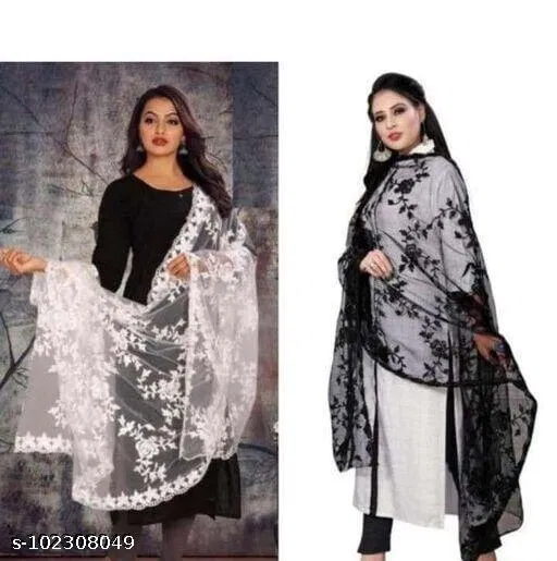 Floral Aari Work Embroidered Net Dupatta for Women, Pack of 2 (White, Free Size)