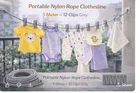 Portable Nylon Rope Clothesline 5 Meter + 12 Clips Grey