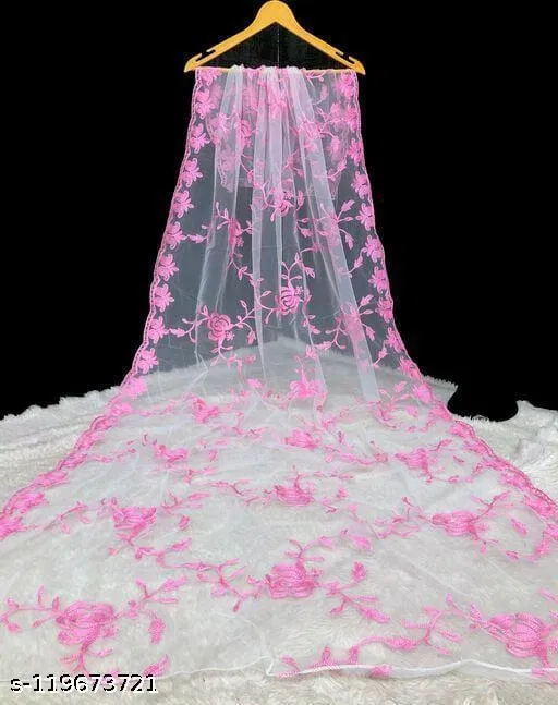 Embroidered Banarasi Net Floral Sewing & Embroidery (Pink, Free Size)