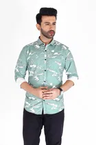 Cotton Blend Printed Shirt for Men, White & Green 