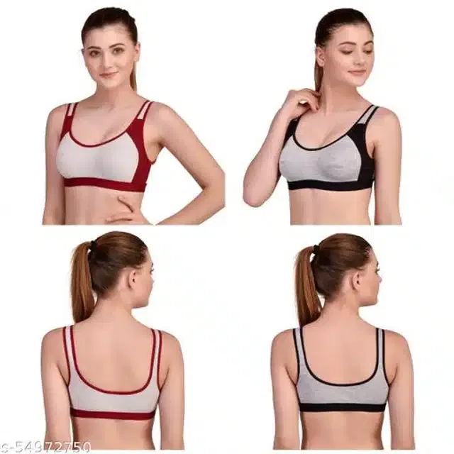Polycotton Sports Bra for Women (Maroon & Black, 38B) (Pack of 2)