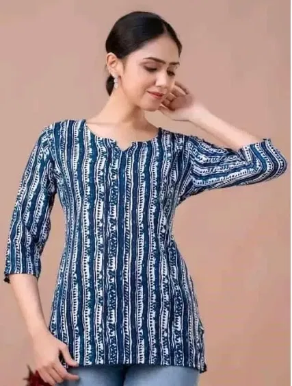 Rayon Striped Short Kurti for Women (Blue, XL)