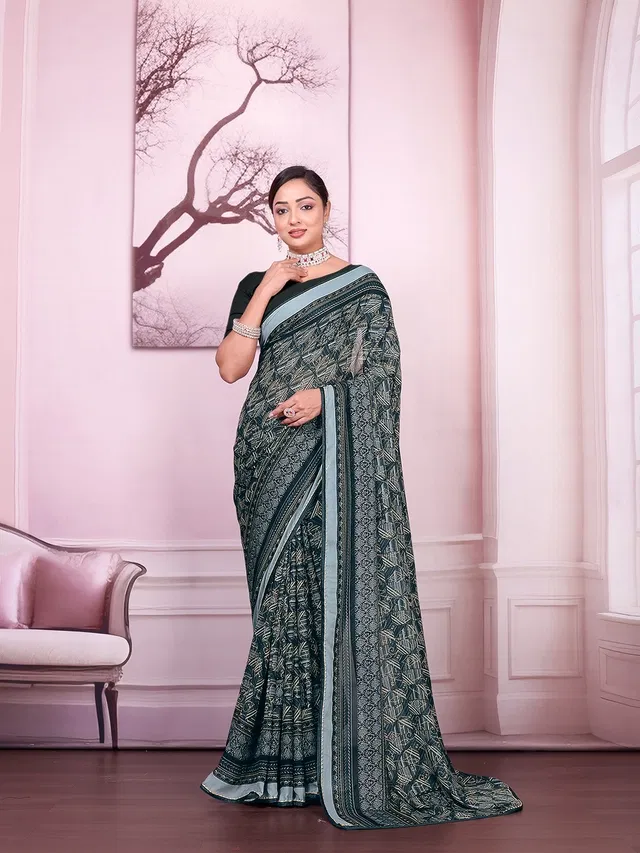 Georgette Printed Saree for Women (Grey, 6.3 m)