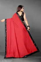 Vichitra Silk Applique Saree For Women, Red