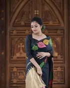 Litchi Silk Botanical Saree for Women, Black 