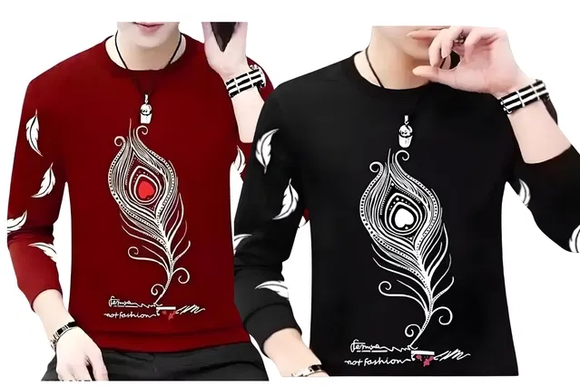 Round Neck Printed T-Shirt for Men (Maroon & Black, M) (Pack of 2)