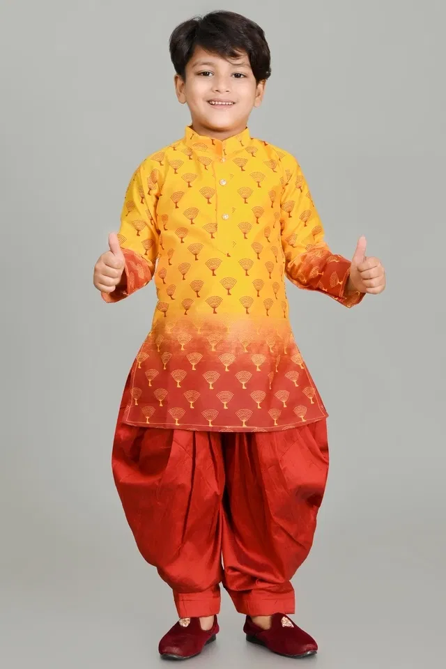Dupion Silk Printed Kurta with Dhoti for Boys, Yellow & Red (2-3 Years)