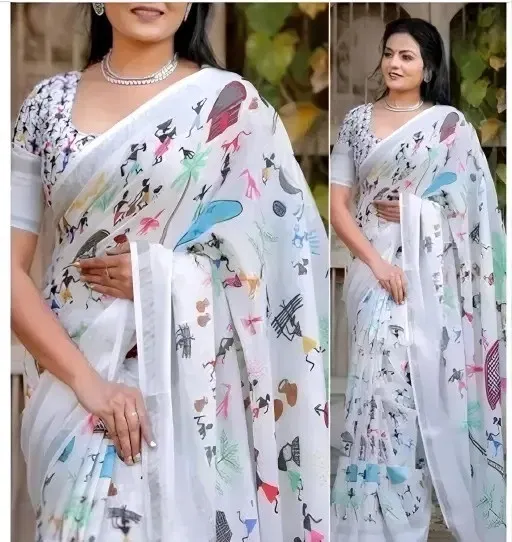 Cotton Linen Printed Saree for Women (White, 6.3 m)