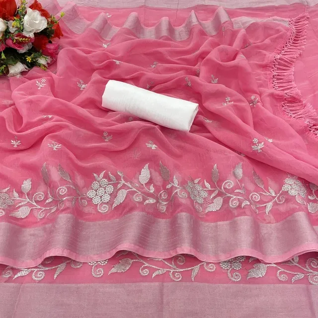 Chanderi Cotton Embroidered Saree for Women (Pink, 6.3 m)
